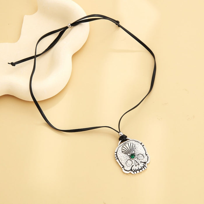 Wholesale Personalized skull pendant necklace adjustable long black leather rope sweater chain