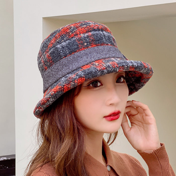 Wholesale Hats for Women Plaid Wool Warm Fisherman Hat Autumn and Winter Round Top Fashion Bow Basin Hat Korean Style Roll Brim Small Hat JDC-FH-DG003