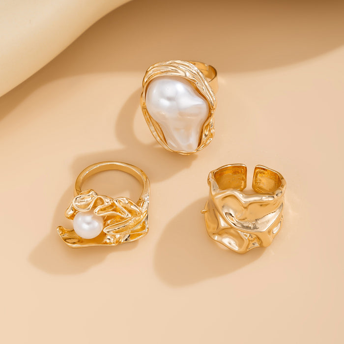 Wholesale Geometric Pearl Ring Set Personalized Liquid Metal Smooth Surface Ring