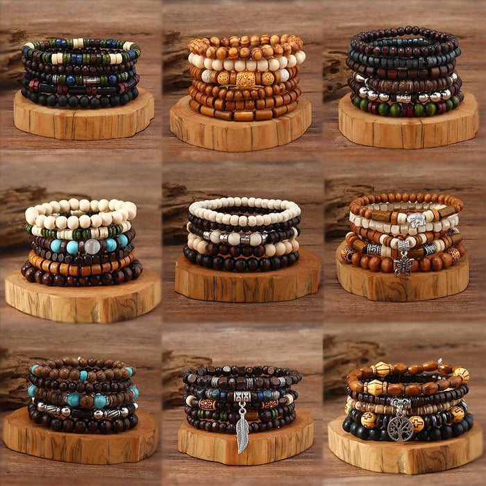 Wholesale New Retro Style Wooden Beads Turquoise Alloy Accessories Mixed Bracelets Men's Beaded Bracelet Set JDC-BT-XH005