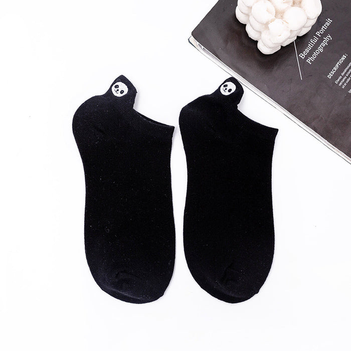 Wholesale Embroidered invisible socks, black and white striped boat socks, cartoon cotton short tube socks