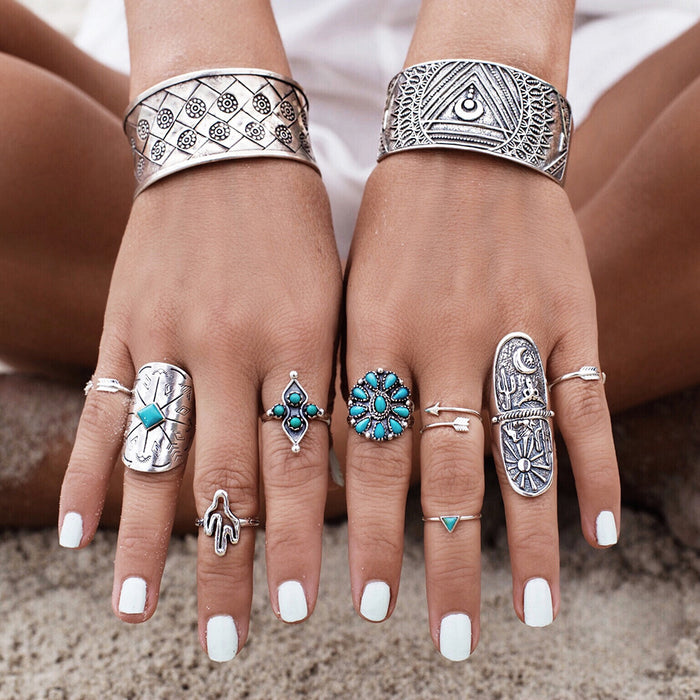 Wholesale Retro Jewelry Cactus Turquoise Sunflower 9-Piece Alloy Set Ring
