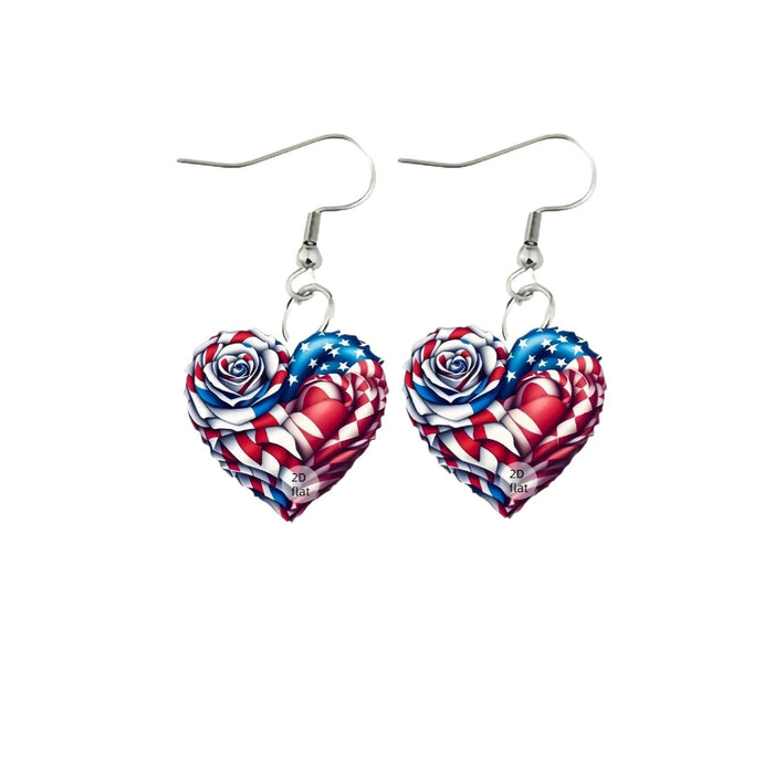 Wholesale Acrylic earrings with red, white, and blue flags, colorful heart-shaped rose earrings, and earrings
