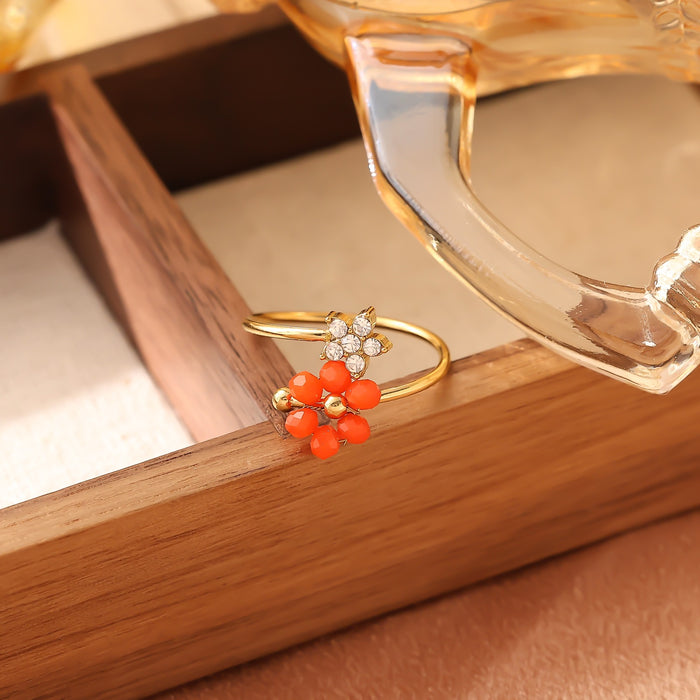 Wholesale Fashionable stainless steel natural stone flower zircon design light luxury high-end non fading open titanium steel ring