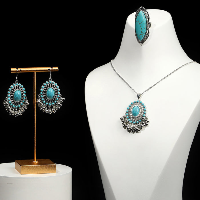 Wholesale Bohemian Turquoise Fringe Earrings and Necklace Set Alloy Jewelry