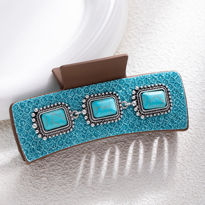 Wholesale Bohemian Turquoise Western Grabber Retro Leopard Sequin Leather Ethnic Style Shark Clip