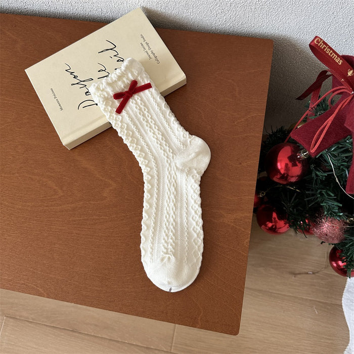 Wholesale Red Socks Children's Middle Socks Flower Bow Pile Cotton Socks