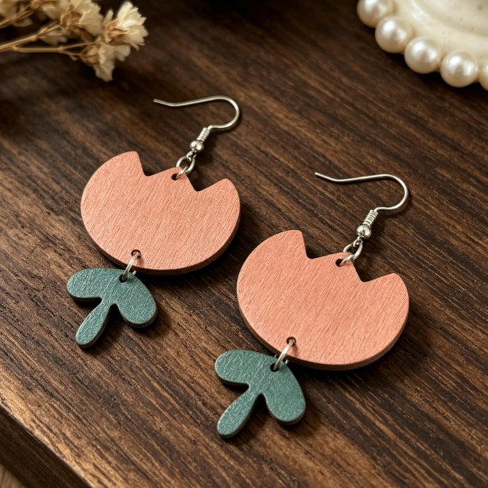 Wholesale Forest Style Orange Pink Tulip Wooden Earrings Double Layer Flower Design
