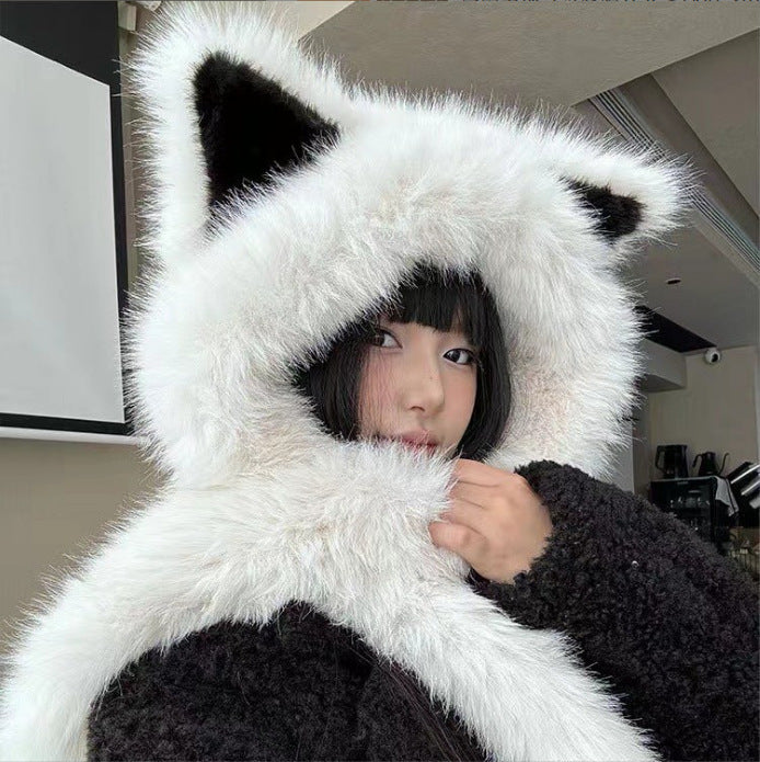 Wholesale Thickened anti cold plush fox ear hat, women's winter scarf in one new style for warmth
