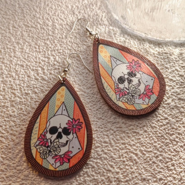 Wholesale Halloween Ghost Bat Spider Skull Wood Earrings JDC-ES-Pushe003