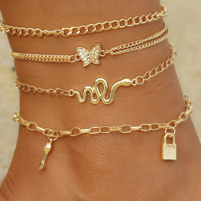 Wholesale Creative multi-layer ankle chain with alloy butterfly ankle decoration
