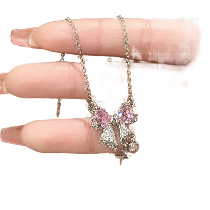 Wholesale Pink bow necklace, collarbone chain, versatile, light luxury, high-end feel