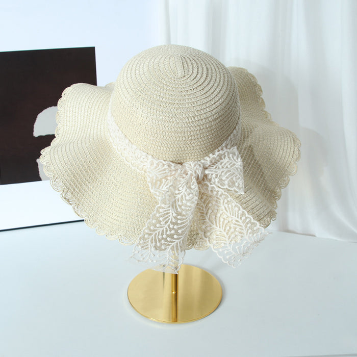 Wholesale Lace bow big brim straw hat breathable sun shading hat fisherman hat