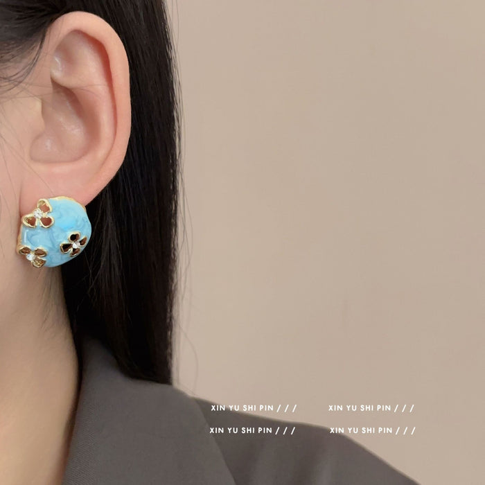 Wholesale Retro oil dripping zircon flower earrings with a light luxury temperament, high-end feel, and niche earrings