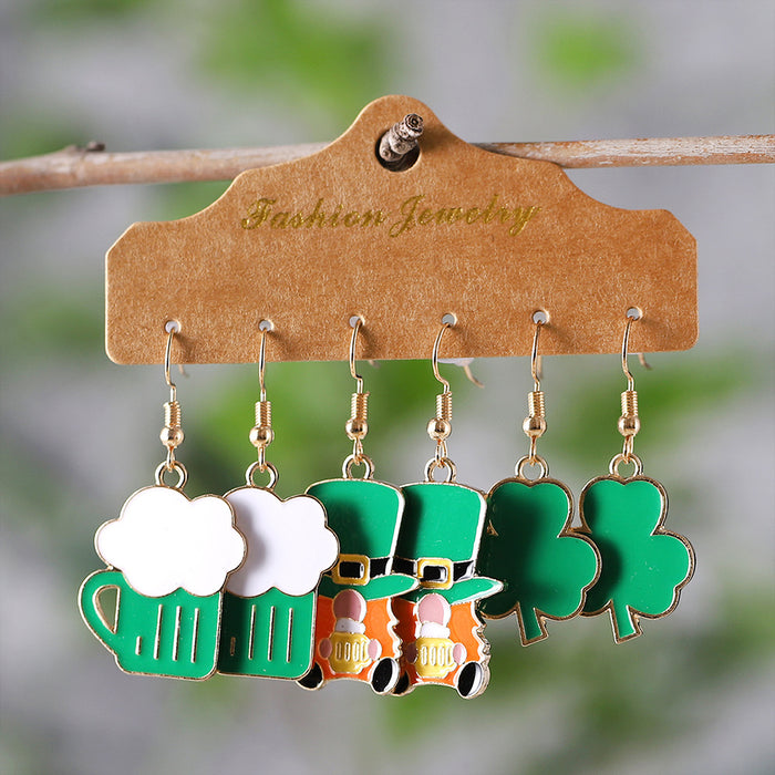 Wholesale St.Patrick's Day Clover Earring Set 3 Pairs Alloy Drip Oil Jewelry Accessory