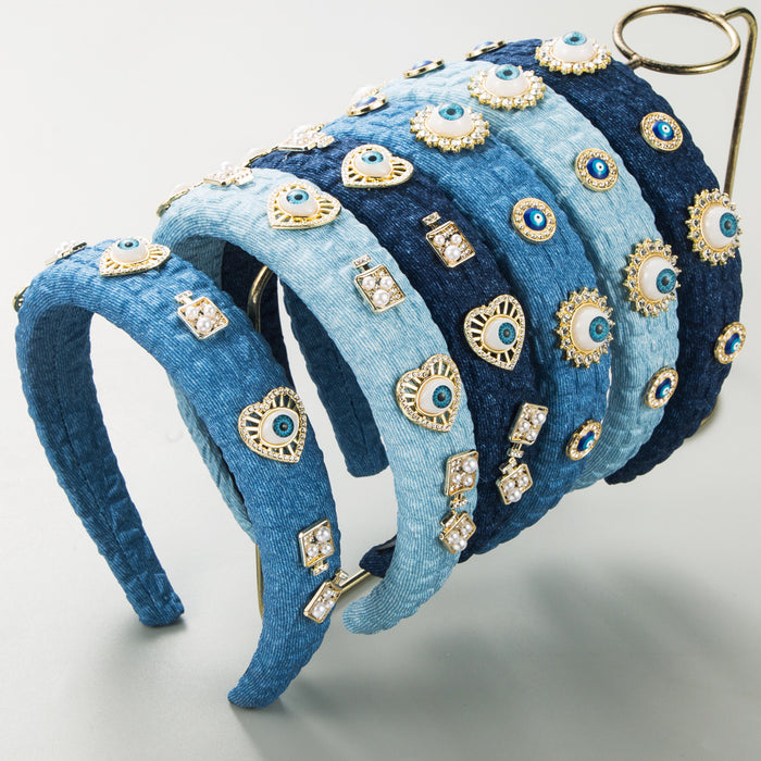 Wholesale Retro denim fabric alloy heart-shaped pearl-encrusted evil eye headband