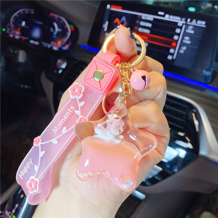 Wholesale Creative acrylic cute unicorn pony oil floating bottle keychain girl backpack liquid Car pendant