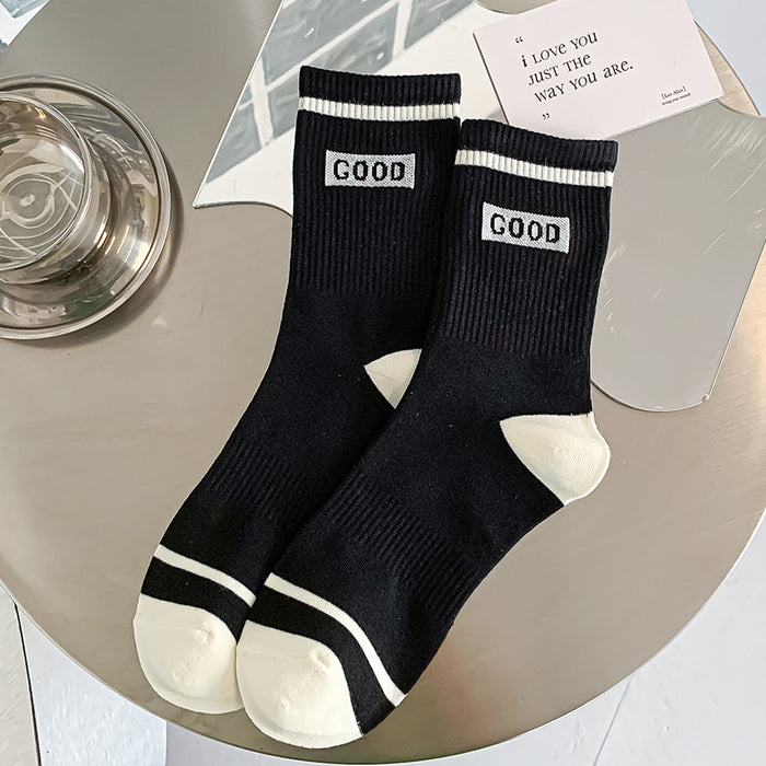 Wholesale Black and white striped socks, mid tube socks with letters on the outside, trendy socks, minimalist sports style long socks