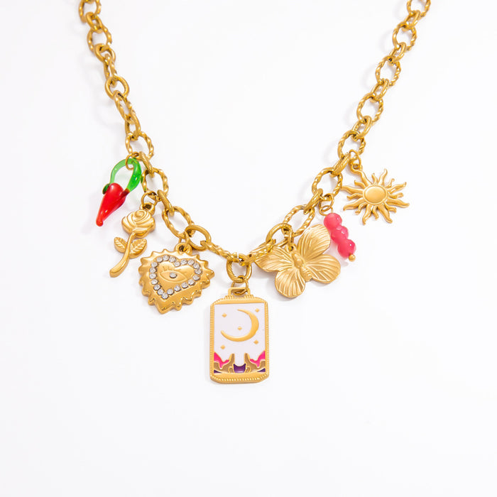 Wholesale Stainless steel necklace moon heart butterfly square brand personality red pepper rose mix clavicle chain