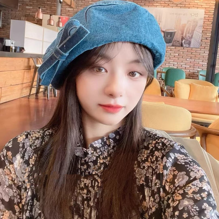 Wholesale Wide brimmed bow versatile exaggerated denim beret hat genuine
