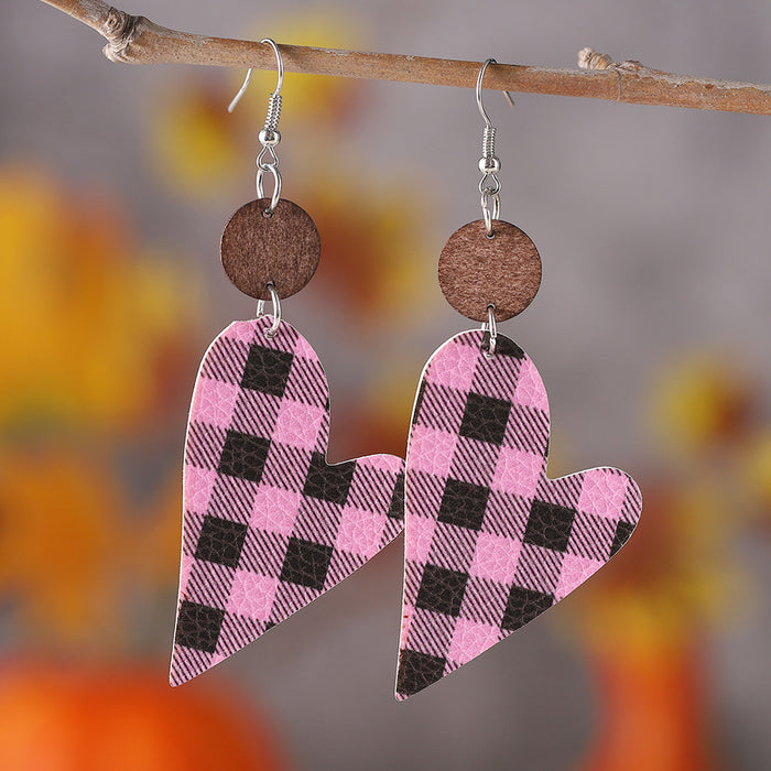 Wholesale  Valentine' s Day Plaid Love Pieces ing Pendant Earrings PU Leather Wooden ing Double-sided Earrings