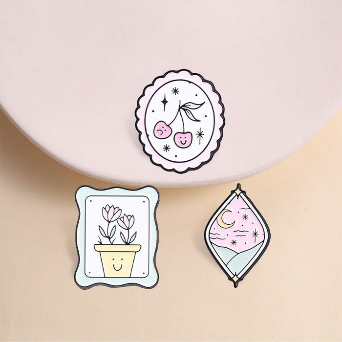Wholesale Decorative Pink Macaron Pastoral Brooch Pin Zinc Alloy Enamel Moon Cherry Tulip Cartoon Badge Everyday Jewelry Accessory For Resale