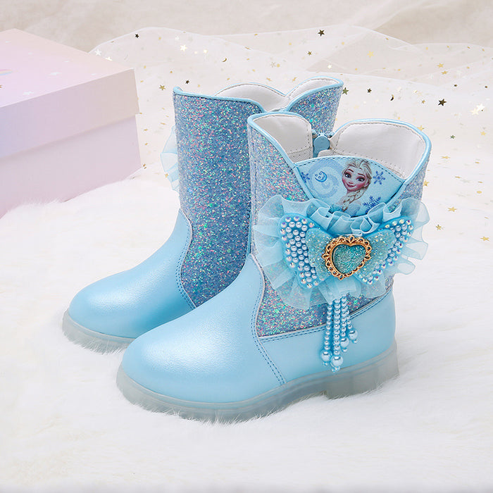 Wholesale Children's Leather Boots Barbie Pink Princess Girl Sequins Bow Bead Warm High Top Cotton Boots JDC-KS-SB009