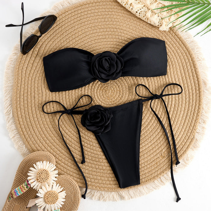 Wholesale Solid color split swimsuit for women, three-dimensional flower swimsuit