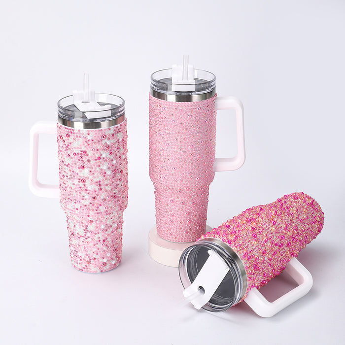 Wholesale Stainless steel pearl insulation cup,  large capacity,  pearl inlaid car cup,  40oz handle,  straw sticker,  diamond ice cup