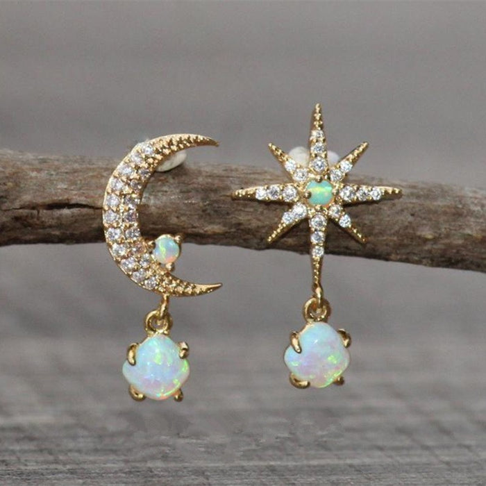 Wholesale Moon Sun Asymmetric Diamond studded Opal Sparkling Alloy Earrings