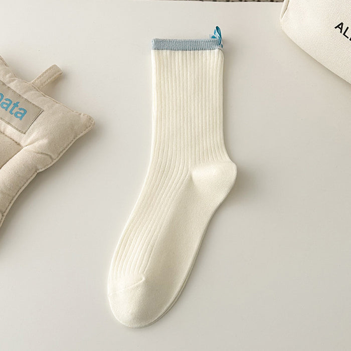Wholesale Spring/Summer Cream Blue Striped Heel Love Cloth Label Middle Tube Stacked Socks