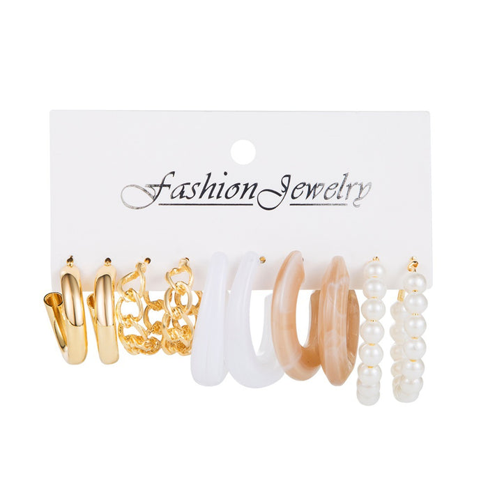 Wholesale 6-piece geometric pearl and diamond statement earring set