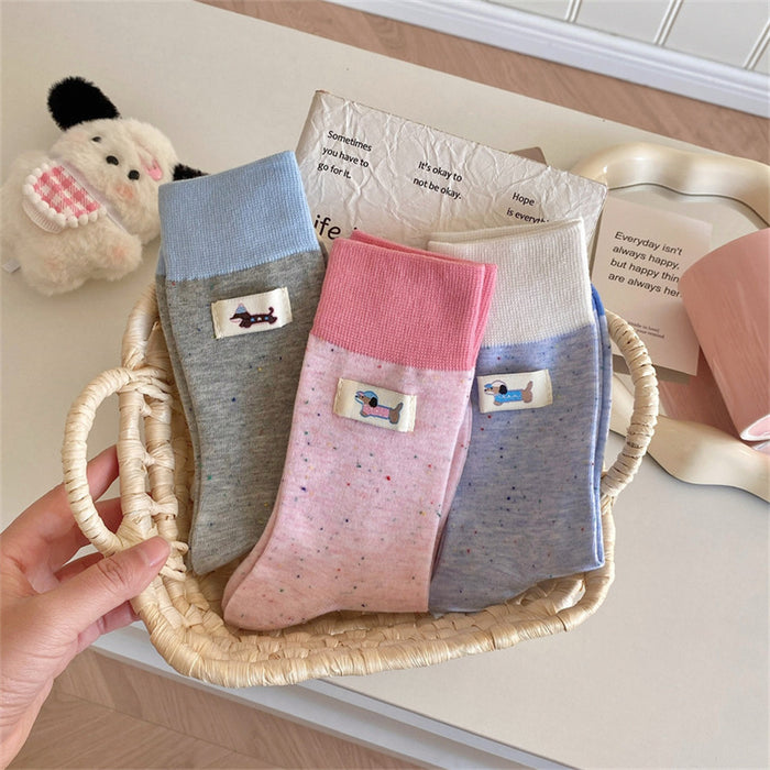 Wholesale Gray cloth label color blocked puppy mid tube socks cartoon pile socks