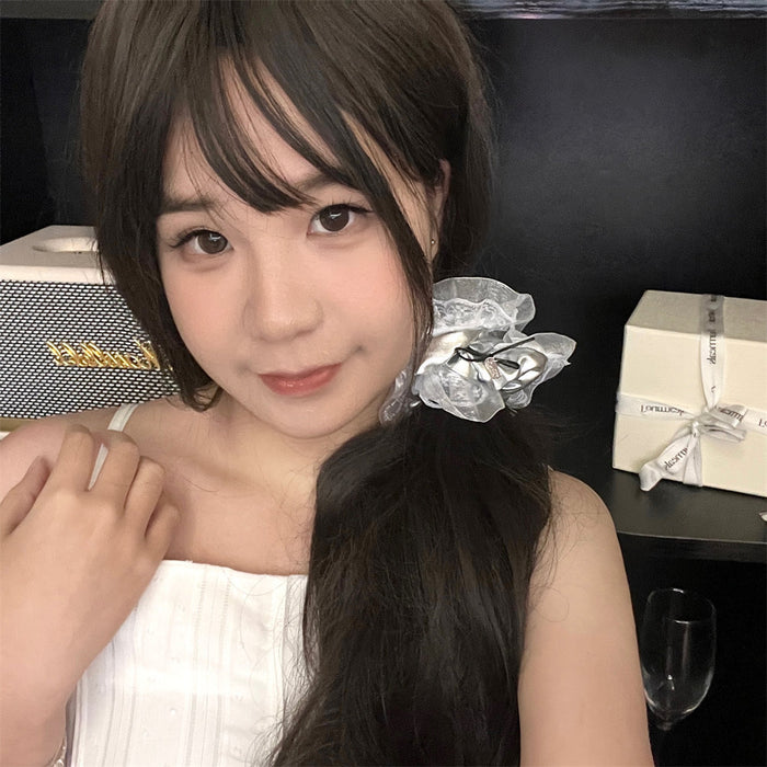 Wholesale silver Leather Bow Large Intestine Hair Rings Niche Hair Rope Hair Accessories