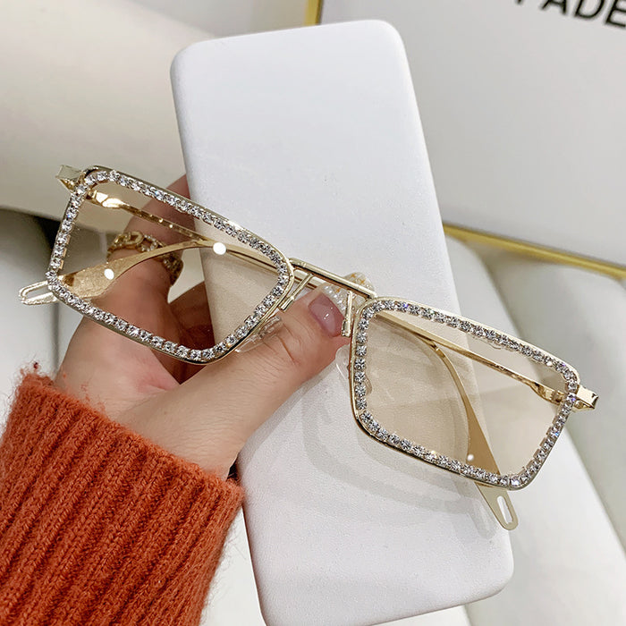 Wholesale New diamond studded small frame metal sunglasses, fashionable square frame sunglasses, high-end sunglasses