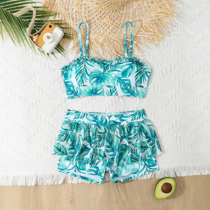 Wholesale New children's split swimsuit with suspender, gauze skirt, flat angle pants, fake two-piece swimsuit