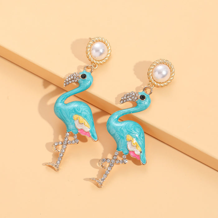 Wholesale Earrings Alloy Enamel White Crane Pendant Pearl Stud Earrings MOQ≥2 JDC-ES-JUYAO011