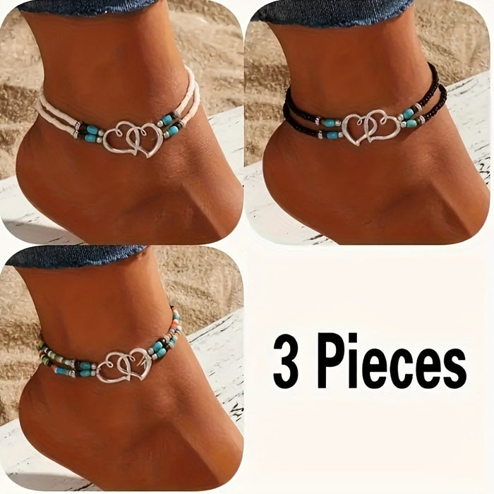 Wholesale Beach Vacation Style Double Heart Beaded Jewelry Set Alloy Necklace and Bracelet MOQ≥2