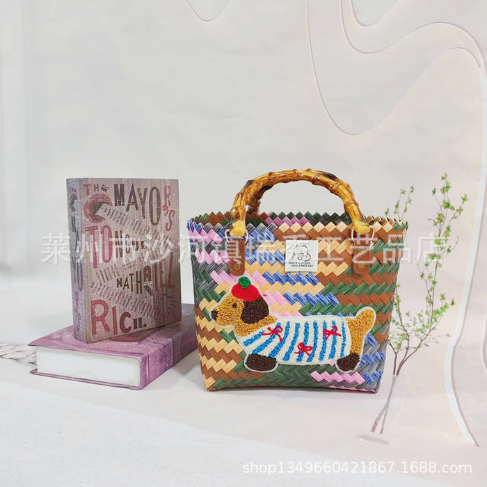 Wholesale Cute Cartoon Rags Woven Bag Imitation Straw Woven Bag Seaside Shoulder Handbag