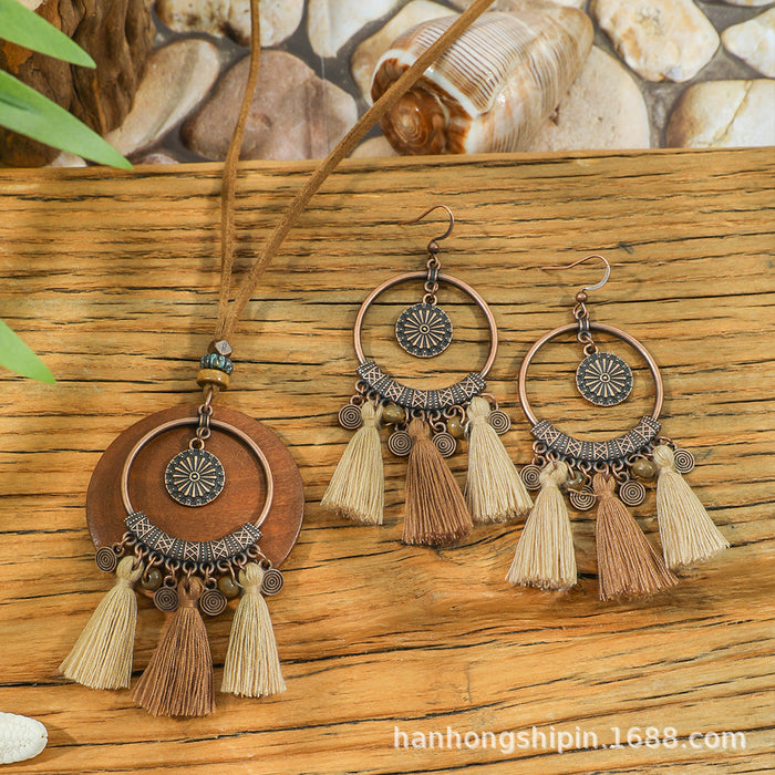 Wholesale Bohemian Handmade Tassel Earring and Necklace Set Alloy Geometric Circle Fashion MOQ≥2