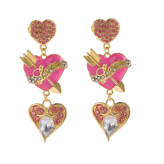 Wholesale Earrings Alloy Enamel Diamonds Pink Heart MOQ≥2 JDC-ES-JUYAO003