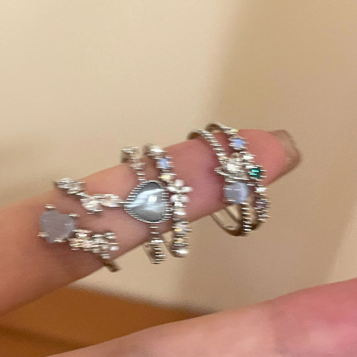 Wholesale Aquamarine Heart Moonstone Zircon Open Ring Set 3 Pieces