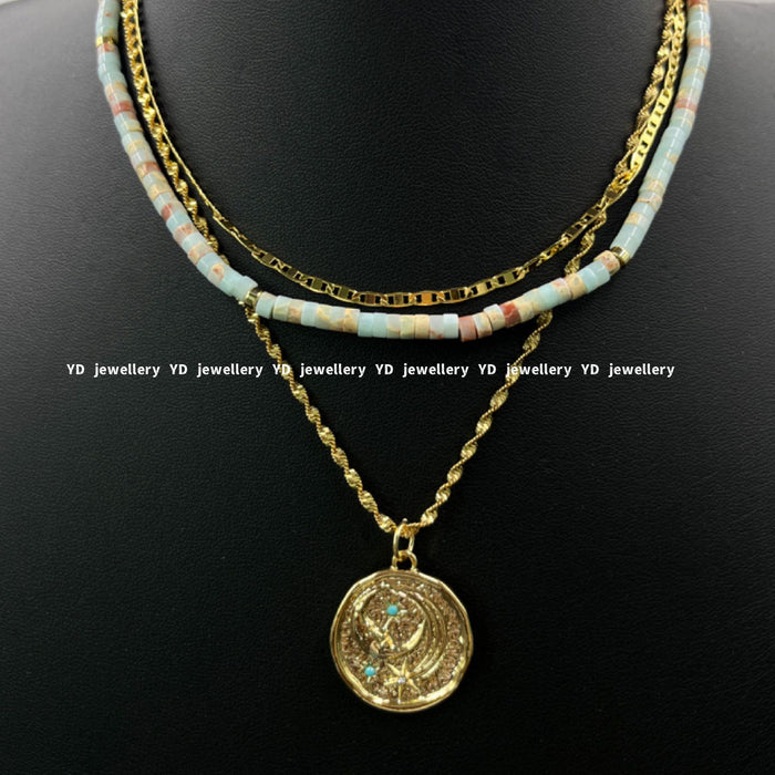 Wholesale Gemstone beaded moonstone patterned green water wave chain star and moon pendant stacked necklace