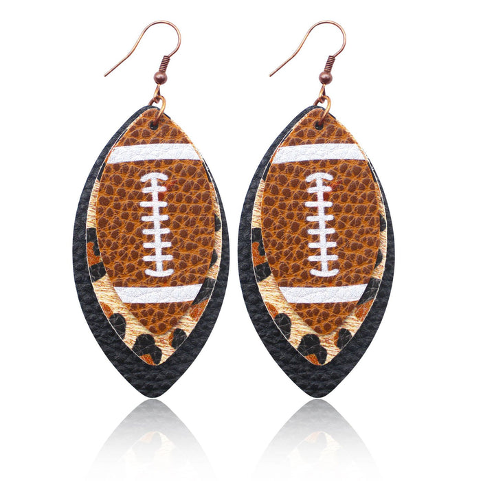 Wholesale Sporty Rugby Brown Leopard Leaves Three-layer Leather Diamond Rugby Earrings