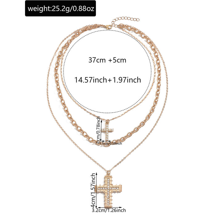Wholesale Fashionable and trendy double-layer cross pendant necklace with niche design and diamond studded creative collarbone chain