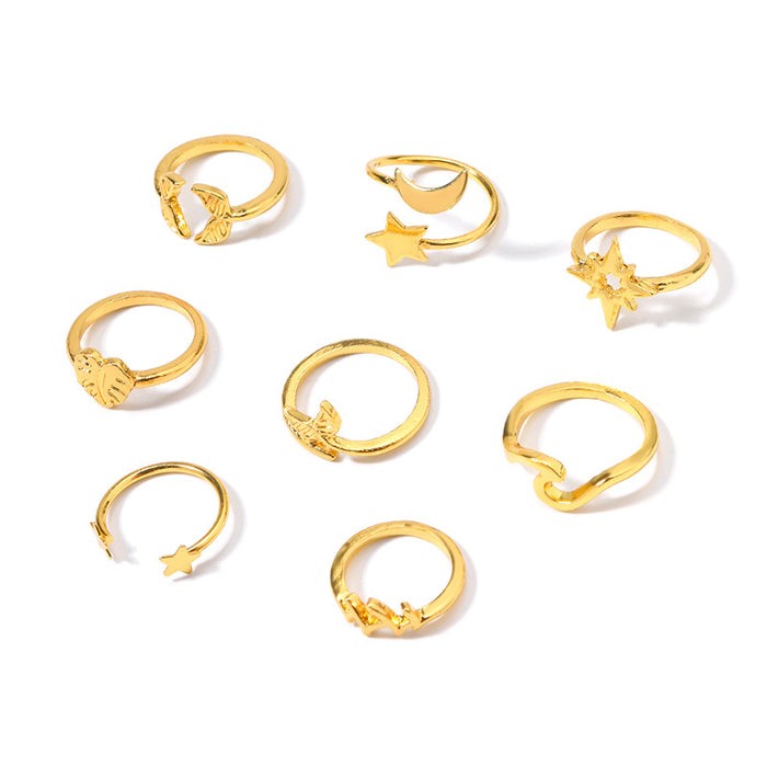 Wholesale Exaggerated alloy rings with accessories, 8 personalized star moon rings, heart-shaped layered rings