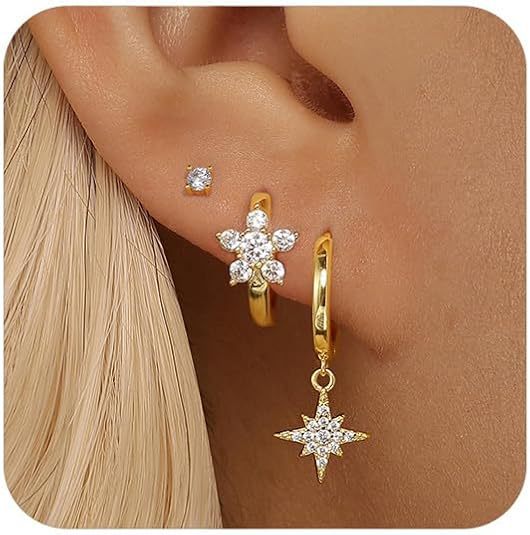 Wholesale Fashionable zircon inlaid earrings, light luxury, simple octagonal star geometric diamond inlaid pendant earrings, versatile