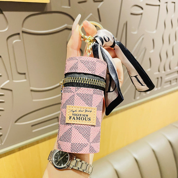 Wholesale New Creative Bucket Leather Keychain Cylinder Lipstick Storage Mini Portable Storage Bag