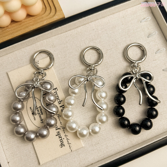 Wholesale Keychain Pendant Metal Shaped Bow Pearl Beaded Mobile Phone Hanging Accessories
