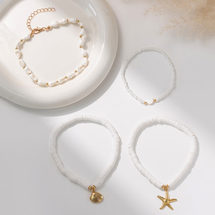 Wholesale Four piece set of shell ankle chains, fashionable and simple, stacked with multiple layers of rice beads woven ankle chains
